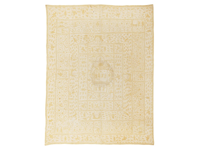 LOT 614 | INDO-PORTUGUESE EMBROIDERED COVERLET (COLCHA) | BENGAL, SATAGOAN, 17TH CENTURY worked in yellow tussah silk threads chain-stitched on a pale cotton ground with a central profile portrait of a ruler within bands of musicians, hunters, boats, fish and animals Provenance: The Earls of Crawford and Balcarres, Balcarres House, Fife, Scotland 301cm x 249cm | Sold for £18,750 incl premium  